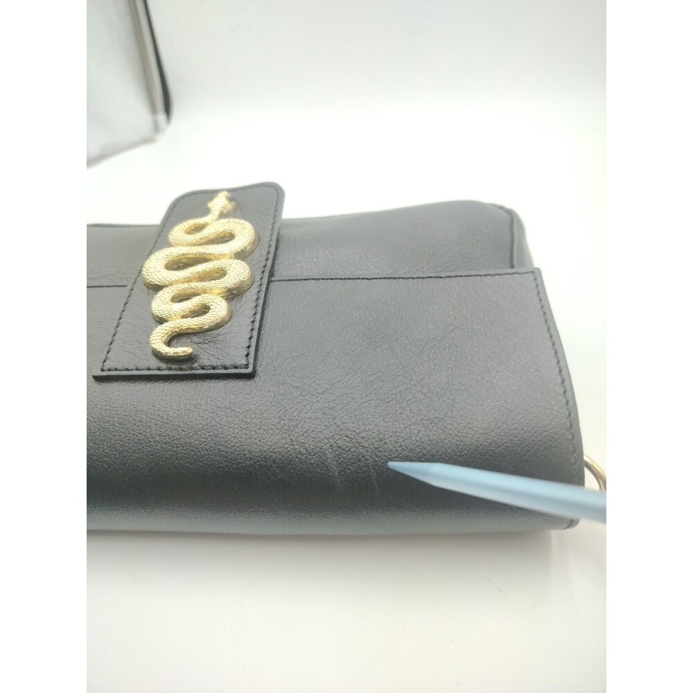 House of Harlow 60s Black Handbag Genuine Leather Purse Italy Gold Snake Accent - Picture 11 of 16